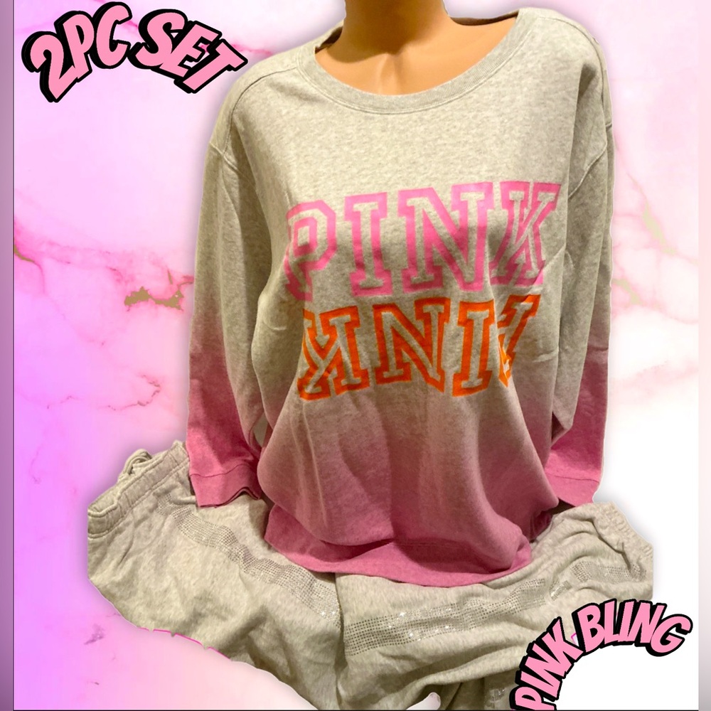 VICTORIAS SECRET PINK OMBRÉ Pullover Graphic Sweatshirt & BLING PANTS XL Set